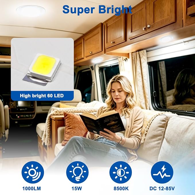 Linkstyle 12V RV Interior Lights, 4PCS LED Dome Lights,1000LM Interior Lamp | 8000K pure white, 12-85V wide voltage, built-in switch, aluminum base, for car van truck boat yacht