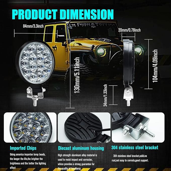 EJ's SUPER CAR Led Round Light Bar 4PCS 3.3" 42w 10000LM Flood Light Pod Off Road Fog Driving Roof Bar Bumper for Jeep,SUV Truck, Hunters