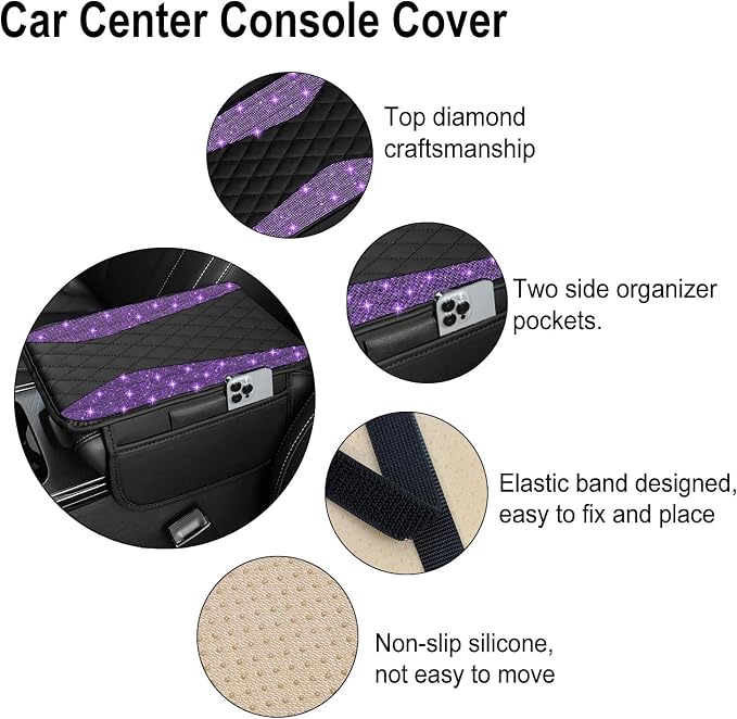NBTEPEM Bling Purple Car Center Console Cover, Leather Middle Console Cover with 2 Storage Bags, Universal Arm Rest Cover, Bling Car Accessories Interior Fit for Most Vehicles, Purple Diamond