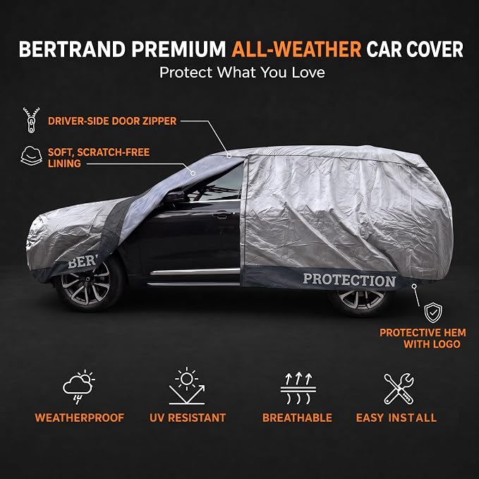 BERTRAND Heavy Duty SUV Car Cover Waterproof All Weather - Snow, Rain & UV Outdoor Protection | Cotton-Lined, Up to 10-Point Anchoring + Zipper Access | Mid-Large SUVs, Silver-Black (187x75, S2)