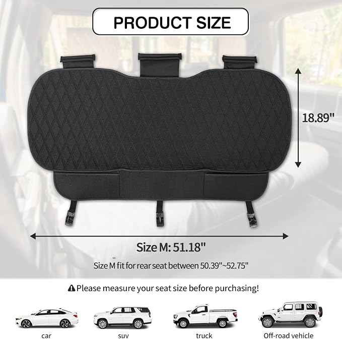 Leader Accessories Faux Linen Rear Bench Seat Cover, Size M, Black | Breathable Back Seat Protector With Non-Slip Bottom, Diamond Stitched Bench Seat Cushion for Vehicles Cars Van SUV Truck
