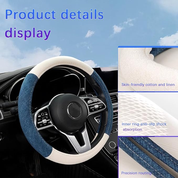 Zpana Car Steering Wheel Cover, 15" Linen Breathable Soft Anti-Slip Full Surround Vehicle Steering Wheel Protector, Automobile Interior Protection, Universal for Sedan Truck SUV (Beige)