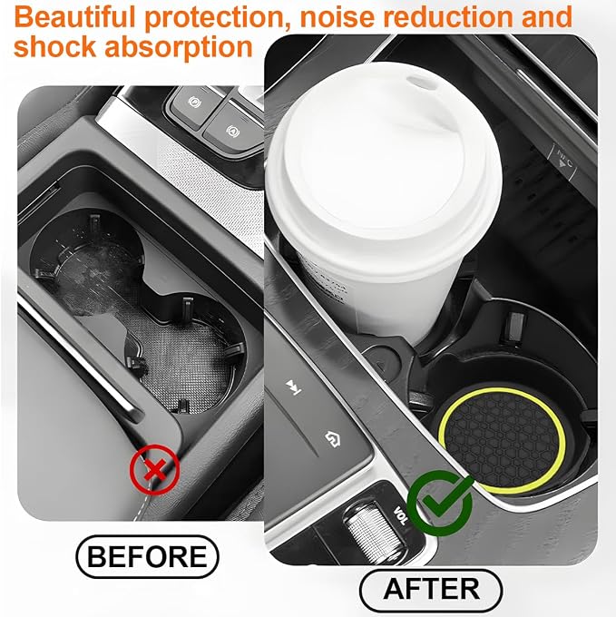 HZEL Car Cup Holder Coasters, 2PCS Non Slip Waterproof Vehicle Water Bottle Pads, Recessed Automotive Drink Mat Decoration Accessories, Universal Fit (Yellow/Black)