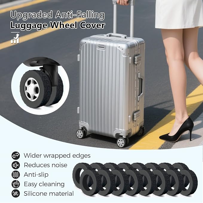 16 Pcs Luggage Wheel Covers, Anti-Noise, Fits 2-2.4" suitcase wheel, Black | suitcase wheel covers, Widened & Thickened Silicone, Anti-Noise & Scratch-Proof, Fits 2-2.4" Carry-On Luggage Wheels