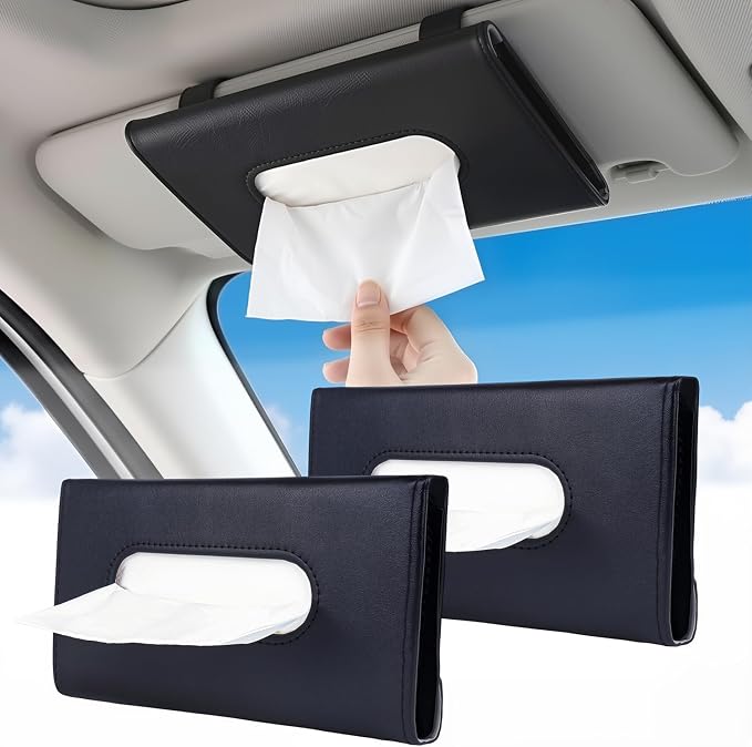 2Pack Car Tissue Holder, Car Sun Visor Napkin Box, Premium PU Leather, Auto Napkin Case, Mask Holder for Car, with Tissue Refill, Vehicle Interior Accessories, Black