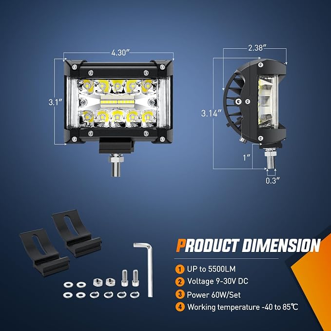 Nilight Side Shooter LED Light Bar 2PCS 4.3 Inch Triple Row Spot Flood Combo with Wiring Harness Kit for Off Road Driving Fog Work Lamp on Truck SUV ATV UTV