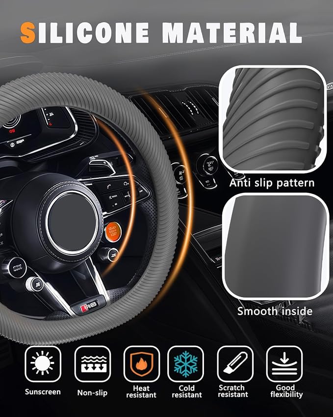 WOCOCN Car Steering Wheel Cover, Thin Anti-Skid Silicone Steering Wheel Cover for Men & Women, Universal Automotive Interior Accessories for Most Cars (Grey)