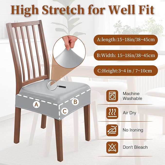 Waterproof Dining Chair Seat Covers Leather Kitchen Seat Covers, Stain Resistant Stretch Chair Seat Covers for Dining Room Chairs Set of 6, Rear Covered Washable Dining Chair Covers Gray