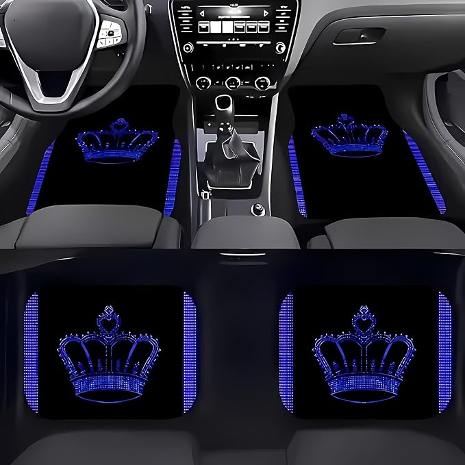 Universal Fit Car Floor Mats Set of 4Pcs, Blue Crown Pattern All-Weather Front Rear Car Carpet Mats, Non-Slip Car Floor Mat Car Accessories for Automotive Trucks SUV Sedans Vans