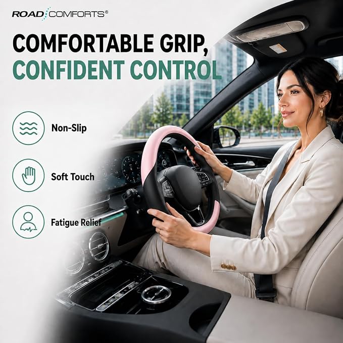 Road Comforts Steering Wheel Cover – Breathable Leather Steering Wheel Cover, Anti-Slip Grip, Universal Fit 14.5” to 15”, Heat & Cold Resistant for Cars, SUVs, and Trucks – Black & Shining Pink