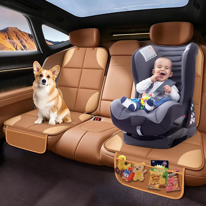 Car Seat Protector, Carseat Seat Protectors with Thick Padding and Upgraded Non-Slip Backing, Waterproof Seat Protector Under Baby Car Seat, 600D Fabric Car Seat Covers for Baby, 2PCS, Tan
