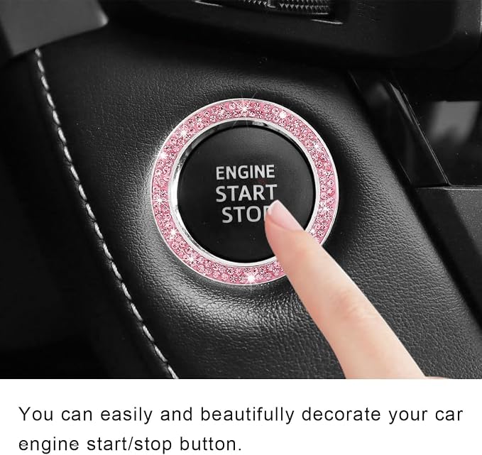 Car Bling Crystal Rhinestone Engine Start Ring Decals, Sparkling Diamond Car Push Start Button Ignition Ring Sticker, Auto Key Ignition Knob Ring Decoration for Women Girls (Pink)
