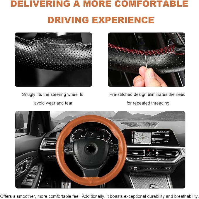 Genuine Leather Steering Wheel Cover, 15 Inch Stitch on Wheel Wrap with Needles & Threads, Breathable Steering Wheel Protector DIY Sewing Wrap for Car Truck SUV (Brown, Full Hole)