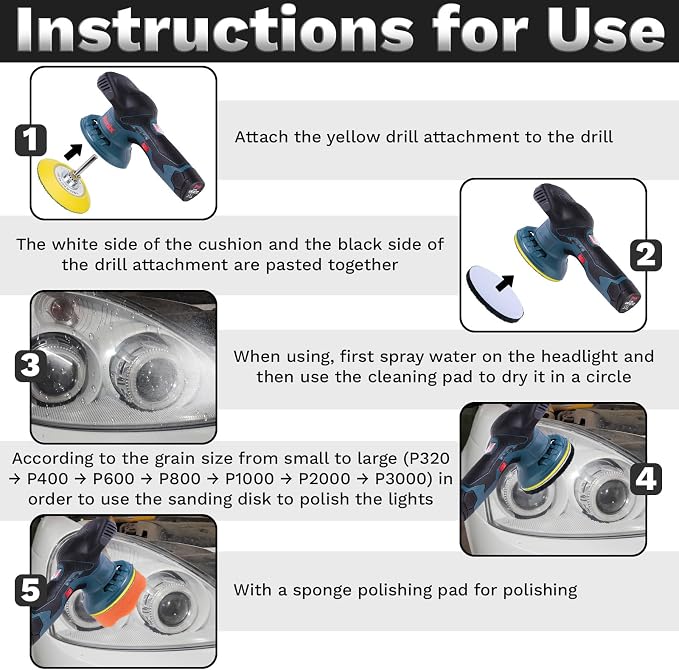 BFXM 38Pcs Car Headlight Restoration Kit, 3 Inch Headlight Polishing Kit, Headlight Cleaning Kit with Sanding Disc Scouring Pad Polishing Pad Suitable for Drill Universal for All Type of Car Headlight