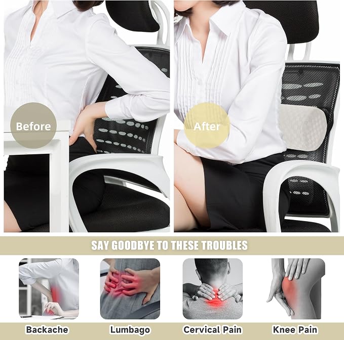 Coeyese Lumbar Roll Pillow for Lower Back Support, Cream, Short-11 * 4.3'' | Removable Pillowcase, Upgraded Adjustable Strap, Suitable for Office, Chair, Car, Seat Pain Relief & Improving Posture
