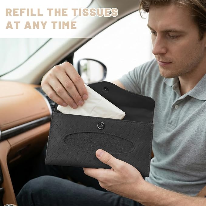 Car Tissue Holder, Auto Sun Visor Napkin Holder Hanging Paper Towel Dispenser with Tissue Refill, Easy Access Leather Paper Towel Storage Case for Most Vehicle Visors (Black)