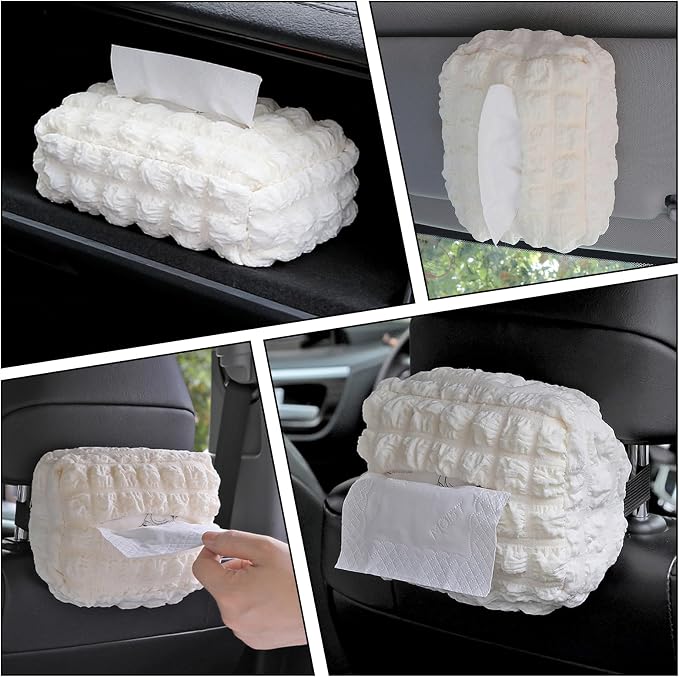 Beige White Car Tissue Holder, Car Standard Tissue Holder, Multi-Functional Car Tissue Boxes, Soft Puff Fabric with Adjustable Elastic Band, Keep Car Tidy, for Sun Visor, Backseat, Armrest