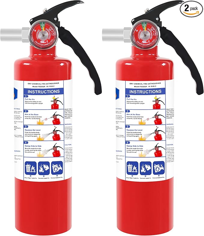2 Pack ABC Dry Chemical Fire Extinguishers with Mount | 2.5 lb 1A:10B:C Rating for Home, Car, Boat, Quick Release Handle, Compact & Portable Dry Powder Extinguisher