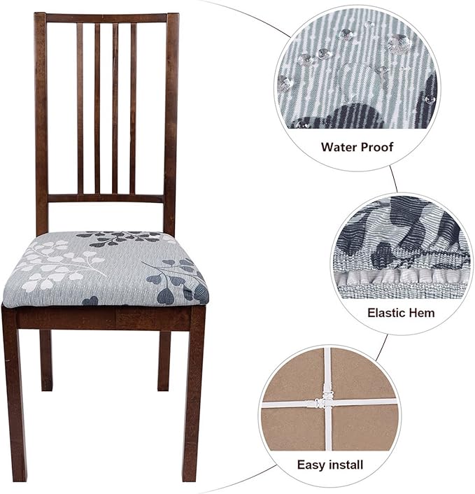 SearchI Water Repellent Seat Covers for Dining Room Chairs Stretch Printed Chair Seat Covers Set of 6, Removable Washable Kitchen Chair Seat Protector Cushion Slipcovers for Office (Leaf Pattern)