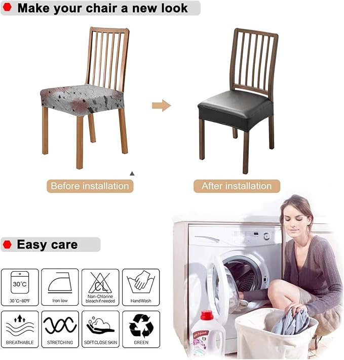 NILUOH Waterproof Seat Covers for Dining Room Chairs Set of 6, 21 Inches Pu Leather Dining Chair Cover Removable Washable Chair Protctor Cover, Rear Covers (PU-Black)