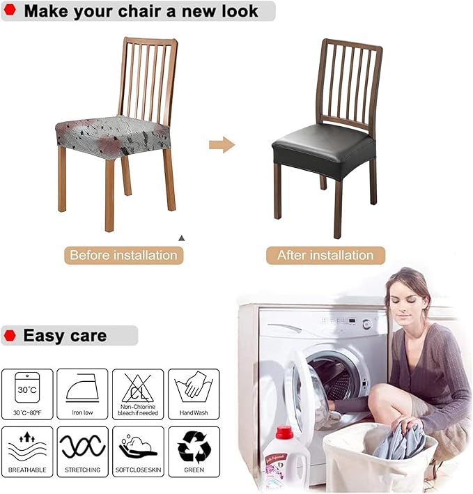 NILUOH Waterproof Seat Covers for Dining Room Chairs Set of 4, Pu Leather Chair Seat Slipcovers Removable Washable Chair Protctor Cover, Chair Slipcover for Family Dogs & Cats, Rear Covers (PU-Black)