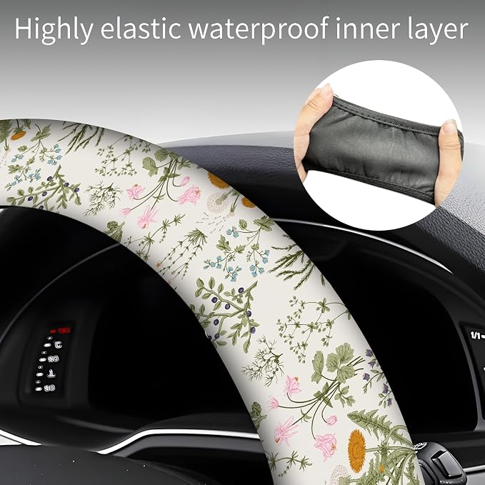 Steering Wheel Covers for Car, Truck, and SUV, Cute Non-Slip Breathable Elastic Steering Wheel, Car Accessories, Universal 15 Inch Leather Cover for Men Women Floral Greenery