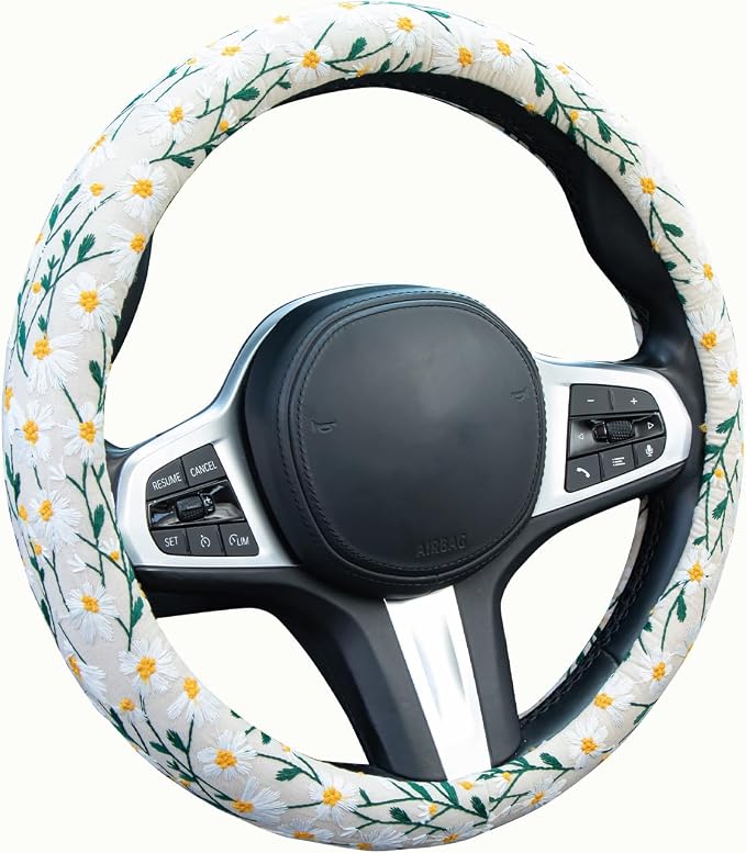 Embroidered Flowers White Cute Daisy Steering Wheel Cover Auto Anti-Slip Breathable Rubber Steering Wheel Protector,Floral Car Accessories for Women,Universal Size Fit Most Cars -15 inch