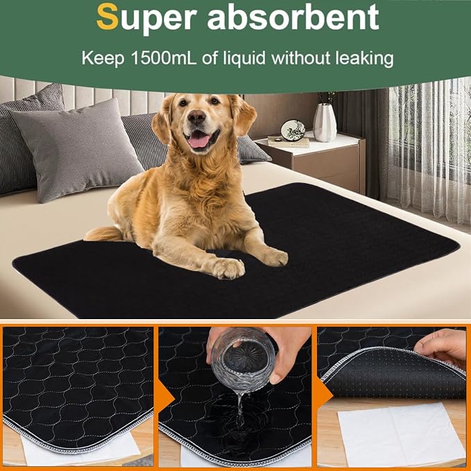 RIQINXIN Non-Slip Absorbent Incontinence Bed Pads Waterproof Reusable Washable Incontinence Underpads for Adults Children Elderly Sofa 2Pcs 35x60in Black