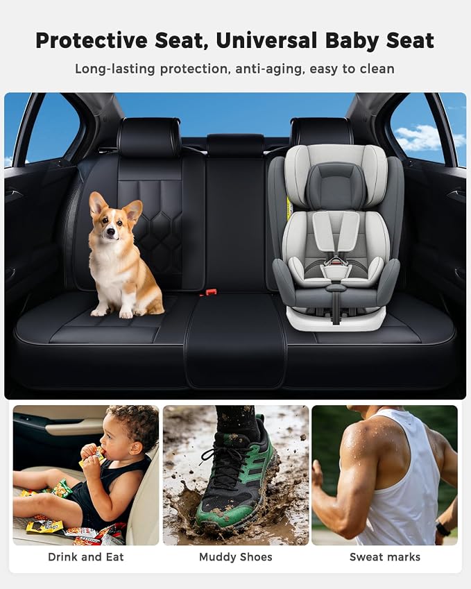 Huidasource Seat Covers Full Set, Universal Fit for Cars SUVs Trucks, Black | Full Coverage Leather Car Seat Cover, Airbag, Cupholder Compatible, Seat Function Retain, Velcro Adjustable