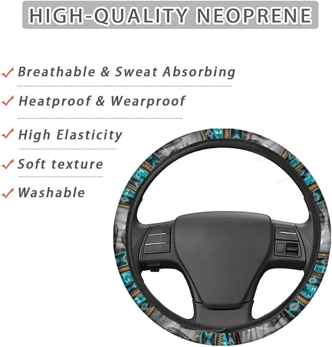 Wanyint Aztec Horse Teal Gray Car Steering Wheel Cover Universal 15 Inch Anti-Slip Neoprene Auto Steering Wheel Protector Car Accessories Decor for Women Men