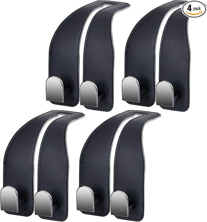 Car Hooks for Headrest, Leather Car Seat Back Storage Organizer Interior Accessories, More Wide & Deep Auto Seat Hook Hangers for Purse Umbrellas Handbag Clothes Coats Grocery Bags (Black-4 Pack)