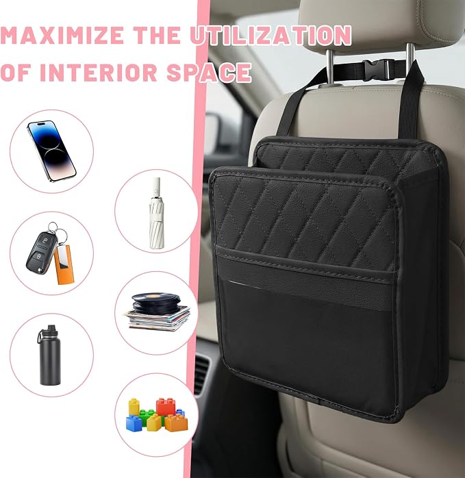 Car Seat Back Organizer, Waterproof Leather Auto Backseat Storage Pocket for Travel Essentials, Universal Multipurpose Backseat Hanging Storage Bag for Cars SUVs Trucks (Black)