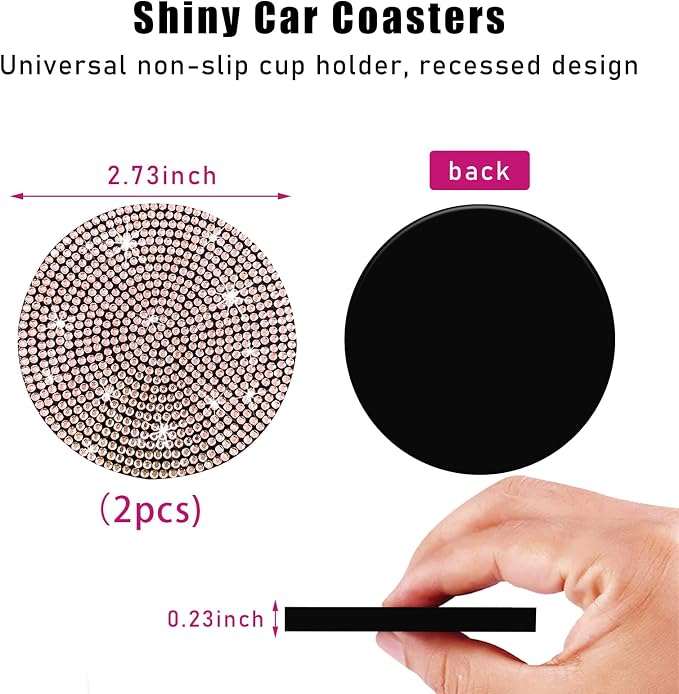 Ziciner 2PCS Bling Car Cup Holder Coaster, 2.73 Inch Anti-Slip Cup Insert Coasters, Crystal Rhinestone Auto Drink Cup Mat, Universal Interior Decor Car Accessories for Women Girls (Golden)