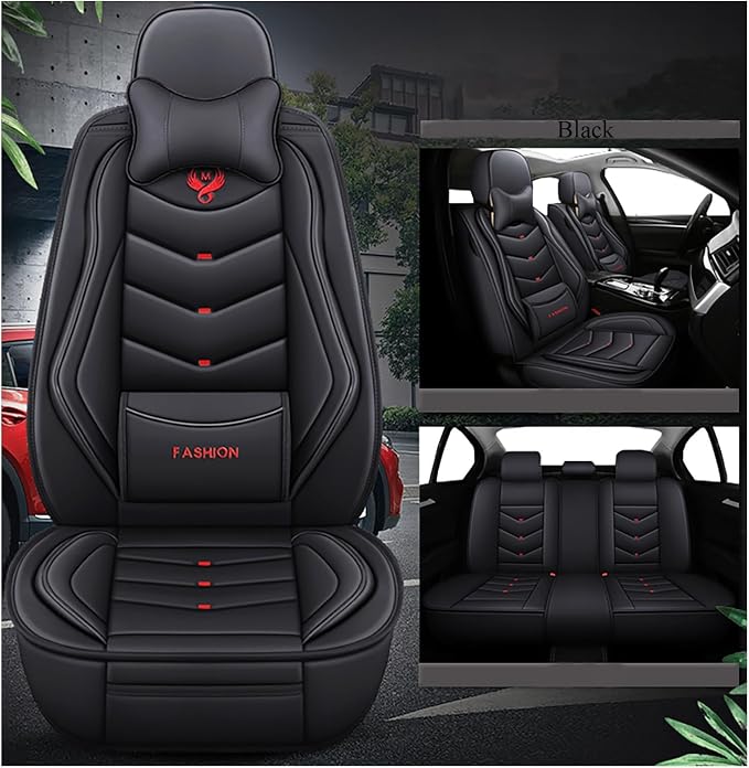 Leather Car Seat Covers,Full Coverage Seat Covers Full Set with Fixed Lumbar Support,Universal Automotive Seat Covers for Cars,SUVs,Trucks and Sedans