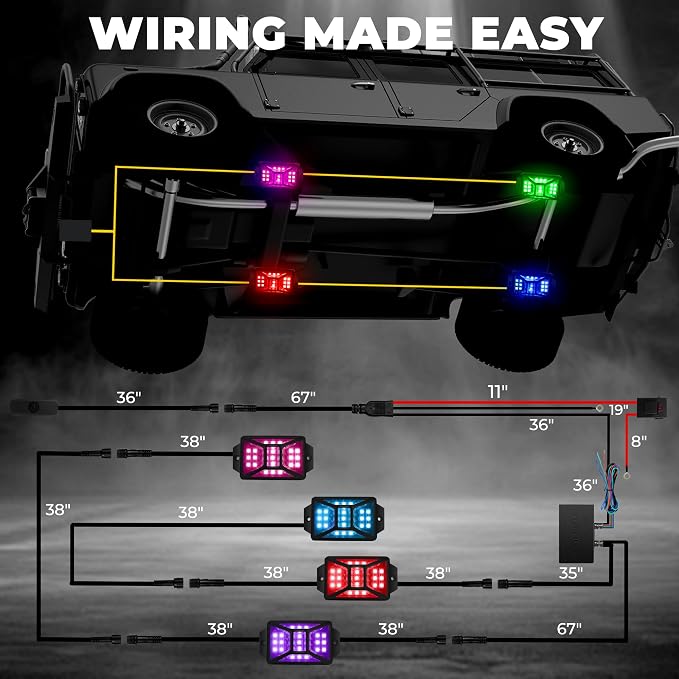 4 Pods Five Sided RGB Rock Lights for Trucks UTV SUV ATV Golf Cart, Multi Chasing Color App/2 Remote Control Led Rock Lights with Music Mode, Waterproof Exterior Underglow Kits for Cars(Patented)