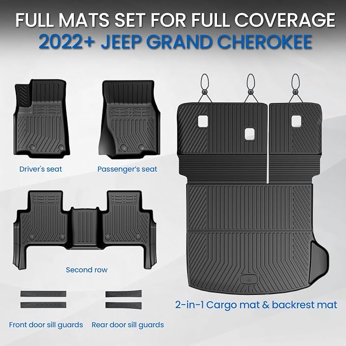 Floor Mats Set for 2022-2025 2026 Jeep Grand Cherokee WL74 (Incl 4XE, not for WK2 or L), All Weather TPE Backrest Trunk Mat Cargo Liner Door Sill Guards Accessories (WL74 | Floor Mats Set)