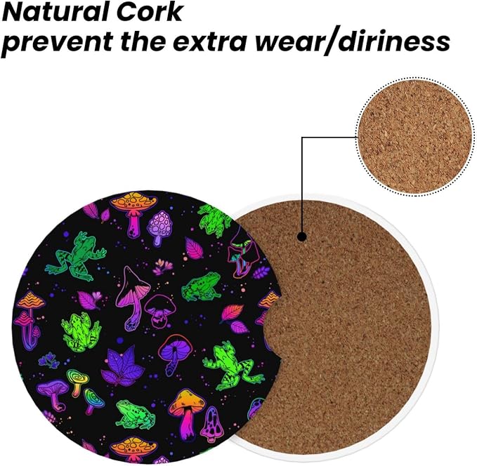 Bright Mushrooms Frogs Absorbent Ceramic Car Coasters 2 Pack Round Insert Cupholder Coaster Car Cup Holder Mat with Finger Notch Anti-Slip Cork Base Reusable Drink Coasters 2.56 in