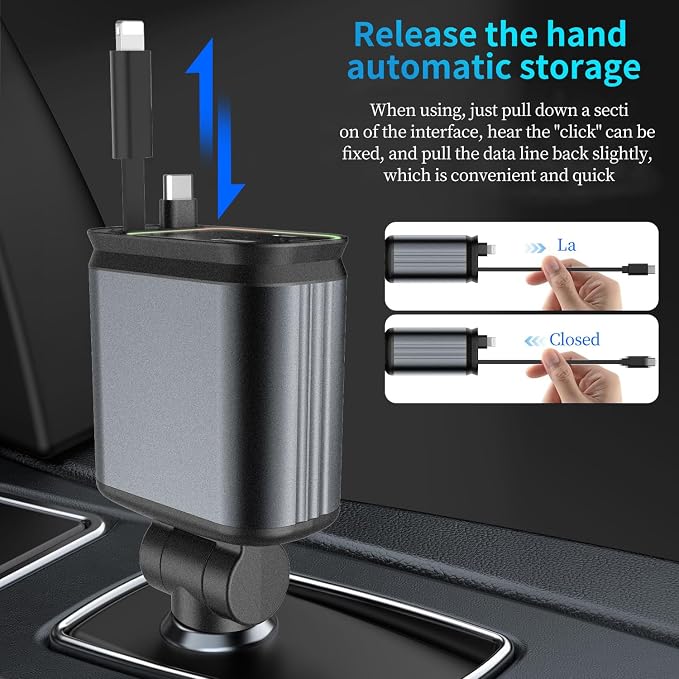 Starlight Retractable Car Charger, Car Phone Charger USB C Fast Charger | EloBeth Car Charger,Cigarette Lighter USB Charger Car Accessories,Road Trip Essentials Gift for Men,for iPhone 17/16,Galaxy