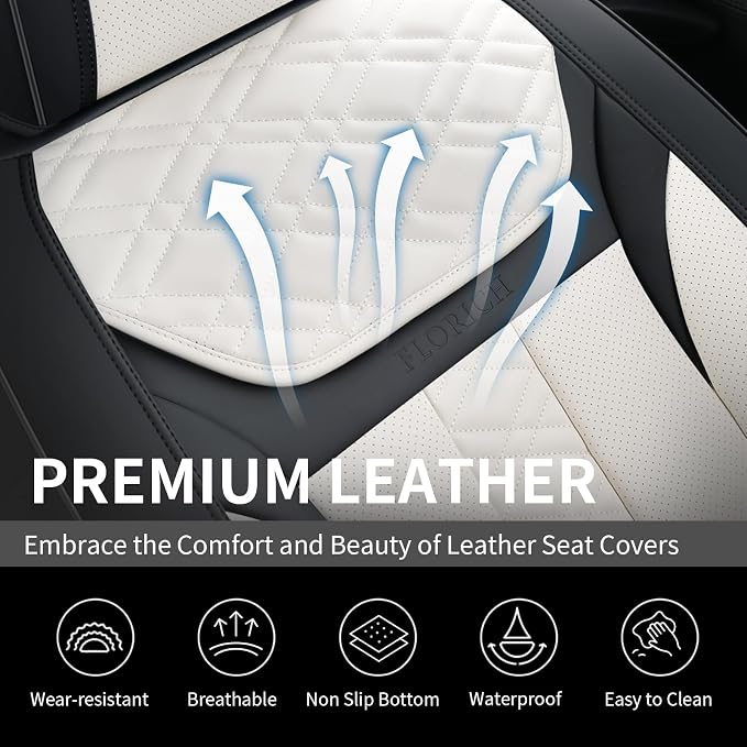FLORICH Seat Covers, Atomutive Car Seat Covers Full Sets, Waterproof Seat Cover for Cars, Luxury Leather Universal Seat Cover Accessories Fit for Most Cars SUV Truck Sedans(White)