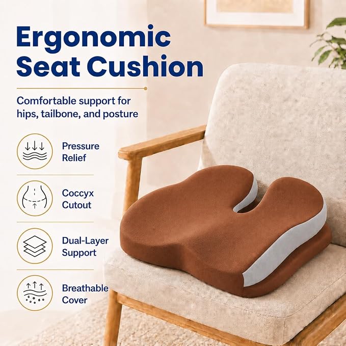 Memory Foam Ergonomic Seat Cushion for Office Chairs Pain Relief | Suitable for prolonged sitting, relieves tailbone pain, fits office chairs, wheelchairs, car seats and computer desk chairs