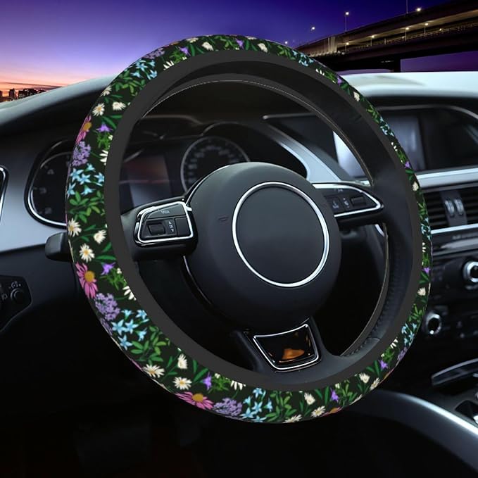 Floral Sage Green Daisy Steering Wheel Cover For Women Men Girls, Universal 15 Inch Anti Slip Steering Wheel Protector Car Accessories Interior For Auto Truck Suv