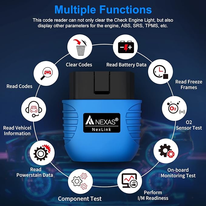 NEXAS NexLINK Bluetooth OBD2 Scanner for Car - Check Engine Light Code Reader with Live Data & Performance Test, Wireless Diagnostic Scan Tool with Resets for All US Vehicles, Works with iOS Android