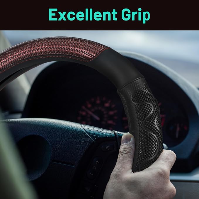DaisyInner 17.5-18 Inch Steering Wheel Cover for Semi Truck No-Slip & Comfy Grip for Semi Trucks, Rv, Big Rig and 18 Wheelers(Mesh B,Leather,Burgundy)