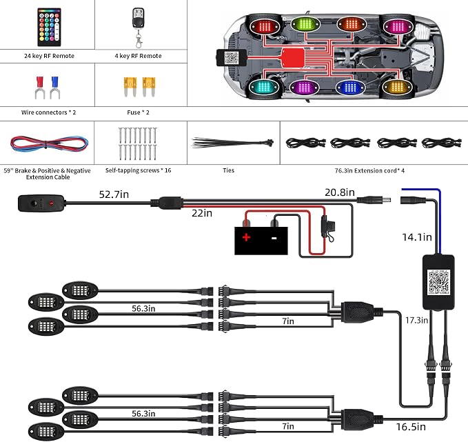 8 Pods RGB LED Rock Lights for Jeeps Trucks Golf Cart Offroad ATV UTV RZR SXS, Waterproof Multicolor Underglow Kit with Dual Zone Brake, Neon Underbody Light with App Remote Control Music Sync 12V