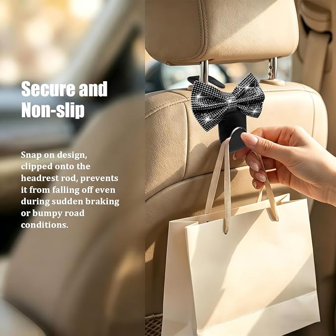 2PCS Bling Bow Headrest Hooks, Car Seat Bag Hangers, Black | Pvc and rhinestone construction, butterfly bow decoration, rear seat storage, bag and coat hanging, car interior accessories