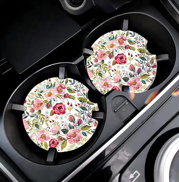 Car Coasters for Women 2 Pack Mother's Day, Auto Small 2.56" Auto Ceramic Coasters for Cup Holders, Absorb Spills to Keep Cupholders Clean, Easy Removal(Flower)