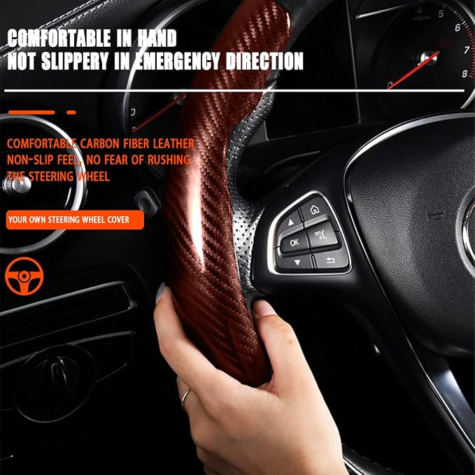 Steering Wheel Cover, 2PCS Segmented Steering Wheel Protector, Carbon Fiber Anti-Slip and Durable Car Accessory, Universal Fit for Most Cars，SUVs (Carbon Fiber Brown)