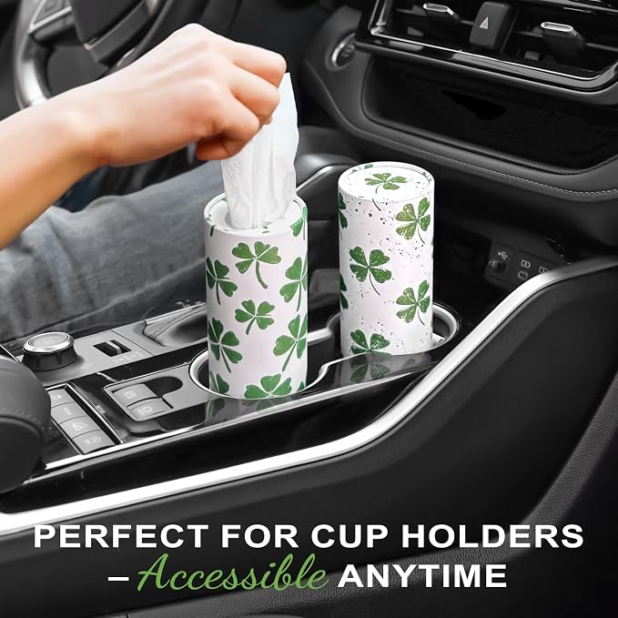 Car Tissue Holder (4 PK) - 50 3-Ply Tissues Cylinder, Fits Car Cup Holders, Portable Travel Tubes Box Container, Clover Design, Round Tissue Container for Car Accessories