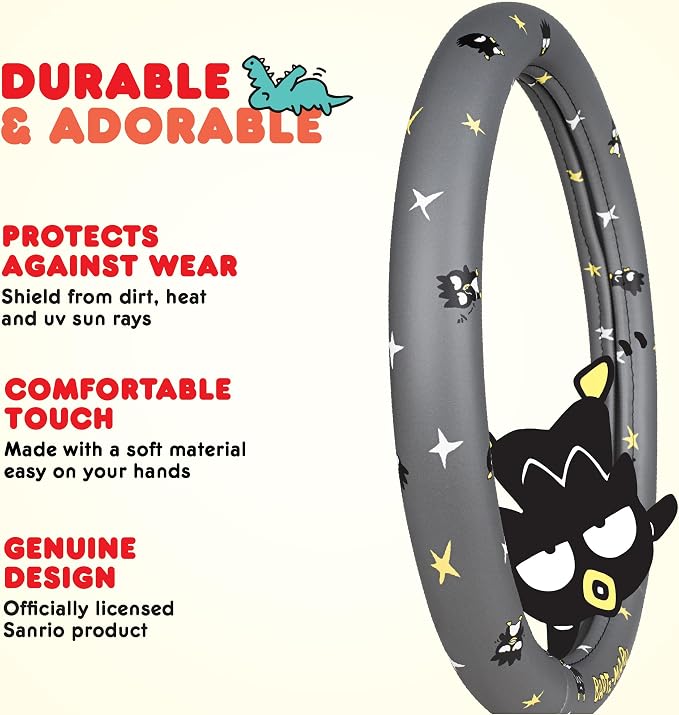 Sanrio Badtz-Maru Steering Wheel Cover for Car, SUV, Truck - Charcoal | Universal Fit Cute Car Accessories for Women, Official Licensed Car Decor, Fits 14.5"-15" Wheels, Soft Grip Cover Protector