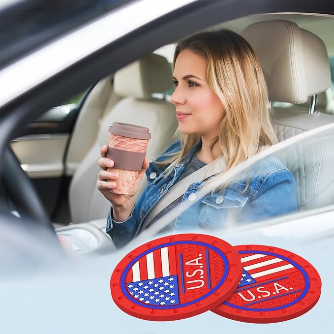 AUCELI 2 Pack Car Cup Holder Coasters, Colored American Flag US Flag Insert Car Cup Coaster, 2.75 Inch Anti Slip Shockproof Embedded Drink Mat, Vehicle Interior Decor Accessories